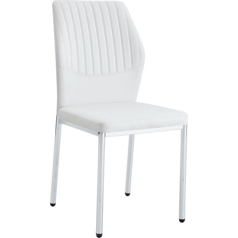 Lot de 4 chaises de salle à manger en cuir régénéré blanc, dossier à rainures verticales, pieds en métal argenté, assise confortable 5 cm – CHICFURN (1/5)
