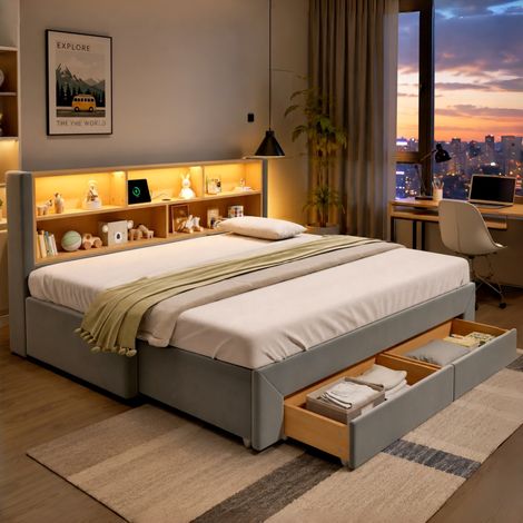 Letto estraibile 201x194x83 cm, con cassetti contenitori, porte USB e Type C, LED, velluto grigio (1/5)