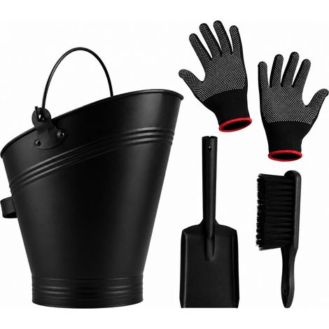 Seau à cendres 7 L acier noir - set 4 pièces : pelle, brosse et gants