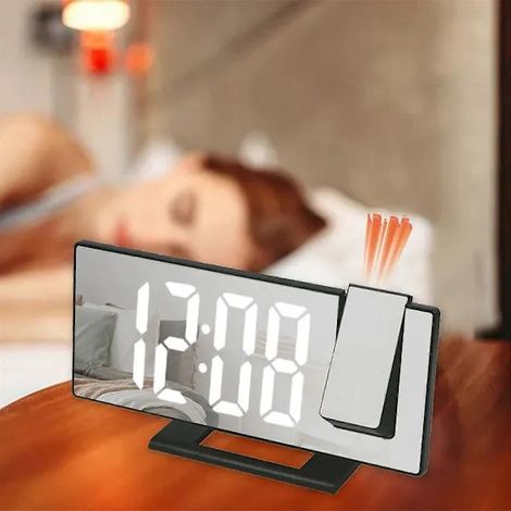 Sveglia con proiezione per camera da letto, orologio digitale a LED proiettato sul soffitto, proiettore a 180° e dimmer, design a specchio, funzione snooze, 3 velocità B...
