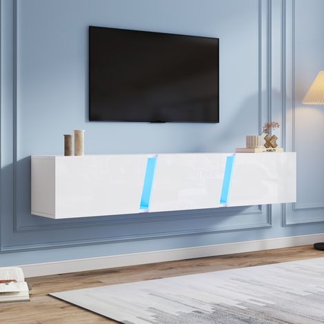 Meuble TV mural, avec éclairage LED et 3 portes de rangement, finition brillante, compatible avec un téléviseur de 75 pouces, 180 x 35 x 30 cm, Blanc (1/5)