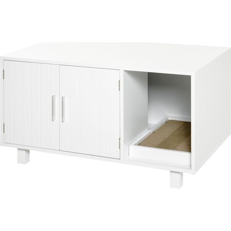 Meuble toilette chat 2 portes compartiment griffoir table d'appoint MDF blanc 50.5x91x52 cm