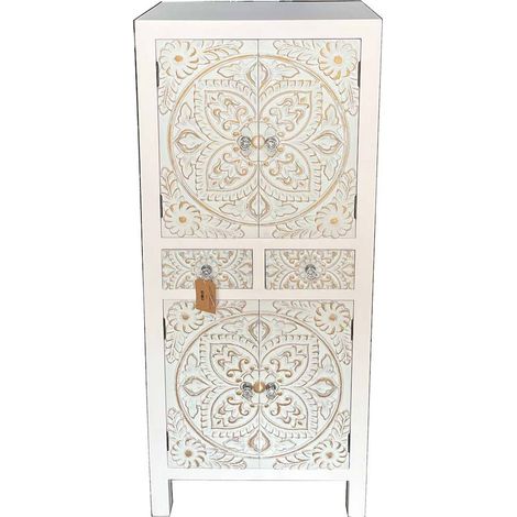 Armoire romantique blanche métal portes sculptées tiroirs élégants - blanc sculpté effet patiné beige (1/5)
