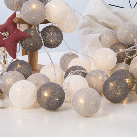 Guirlande lumineuse LED en coton - 1,5 m - 10 LED - Boules de coton - Diamètre : 3 cm - Pour chambre d'enfant, mariage, Noël - Gris (1/5)