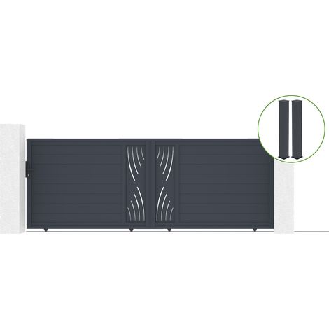 Portail coulissant 4m VELETA H.140cm alu gris + 2 poteaux 20x20cm H.166cm (1/5)