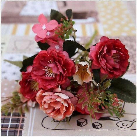 Bouquet de roses artificielles rouges, style européen, fleurs décoratives pour maison, composition florale factice (1/5)