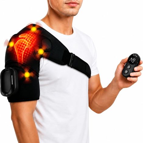 Appareil de massage des épaules, support d'épaule avec 5 niveaux de chaleur et 5 modes de vibration, coussin chauffant portable de 5000 mAh avec télécommande, sangle réglable pour gauche et droite, ch (1/5)
