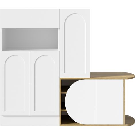 Zapatero moderno con banco, 1 cajón, 5 puertas y hueco abierto, MDF blanco efecto madera, 130 cm (1/5)