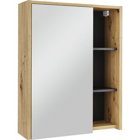 Mobile a specchio per il bagno Viola, Artigiano/grigio, 60 x 75 cm con ripiani aperti, Vicco