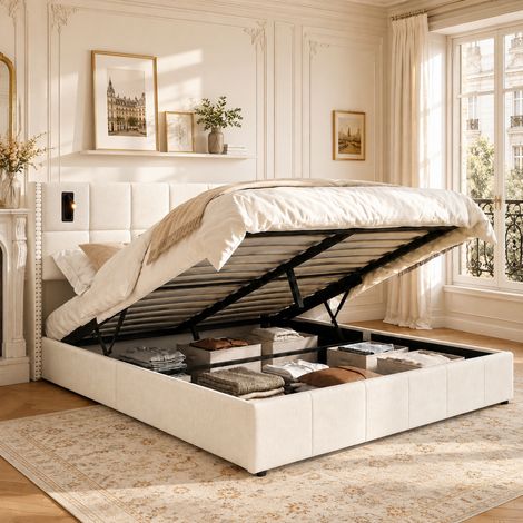 Stauraumbett 140x200 cm mit schwenkbaren LED-Leselampen, Doppelbett mit hydraulischem Bettkasten, Samt-Bettgestell mit Ohrendesign und Ziernieten, Beige (1/5)
