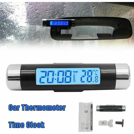 Horloge-thermomètre de voiture en forme de tonneau avec affichage LCD, fixation par clip sur grille d'aération, horloge-thermomètre numérique LED pour voiture (1/5)