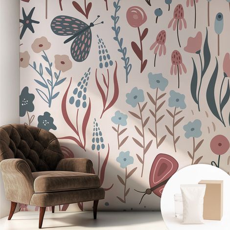 Tapete Vliestapete mit Kleber für Wohnzimmer Schlafzimmer Küche - Wanddekoration Blumen und Insekten 250x250 cm (1/5)