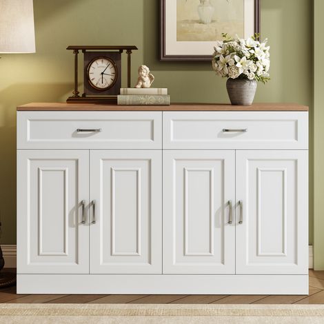 Aparador de aglomerado blanco y efecto madera 120 x 35 x 80,5 cm con 4 puertas, 2 cajones y 2 baldas regulables (1/5)