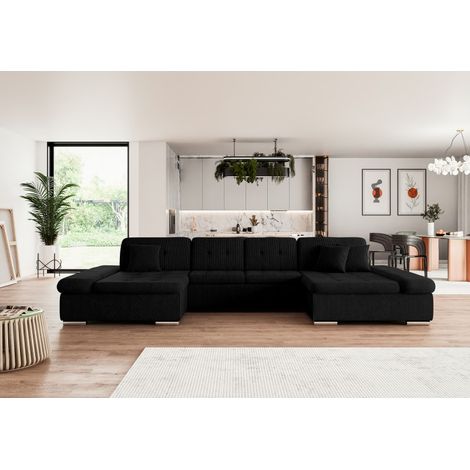 Tendencio – Canapé d'angle convertible ALON velours côtelé noir – 360cm x 160cm – 2 places – Accoudoirs réglables – Coffres de rangement (1/2)