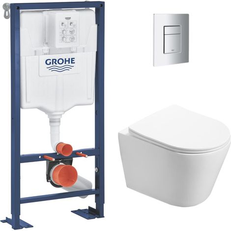 Grohe Pack WC Bati support autoportant + WC SAT sans bride + Abattant Soft close + Plaque chrome