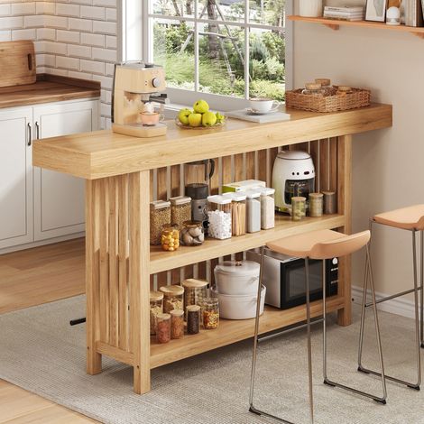 Tavolo bar 160x40x105 cm, con poggiapiedi e ripiani a 2 livelli, MDF naturale (1/5)