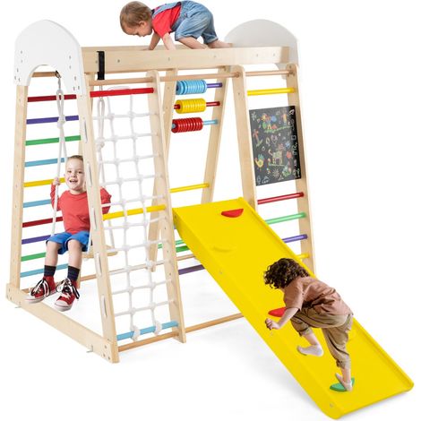 Set arrampicata 8 in 1 per bambini con abaco e altalena, Set arrampicata di legno con scivolo e scala Colorato (1/3)