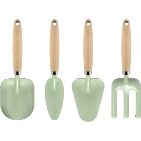 Ensemble De 4 Outils De Jardinage Verts Pour Extérieur Comprend Pelle À Large Bec, Pelle Pointue, Pelle Plate Et Râteau En Fer Et Bois De Hêtre -KZQ