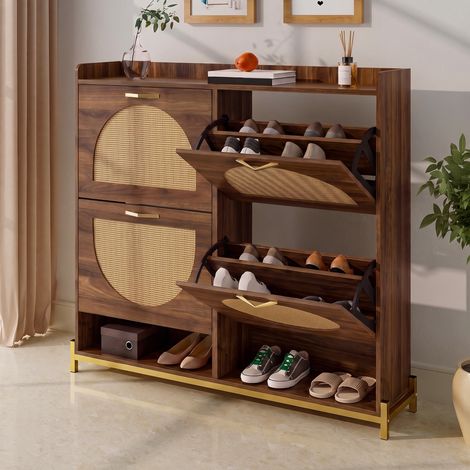 Scarpiera - 108.5 x 24 x 100 cm - mobile portascarpe con 4 ante a ribalta effetto rattan, vani aperti - stile moderno - mdf - noce (1/5)