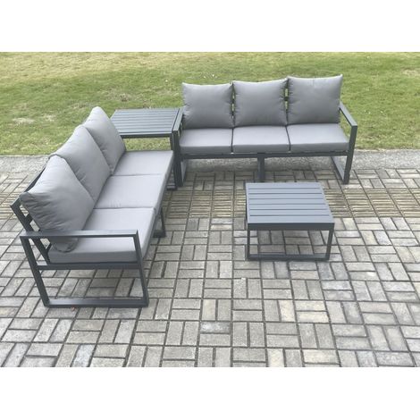 Fimous Aluminium 4 Pieces Garden Furniture Sofa Set with Cushions 6 Seater Outdoor Patio Set with Square Coffee Table Side Table Dark Grey (1/5)