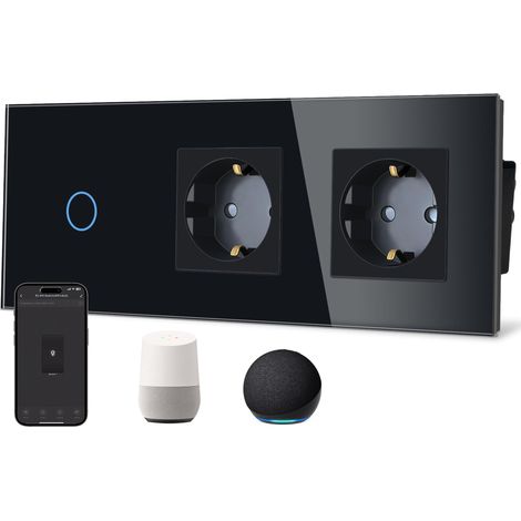 Interrupteur tactile Wi-Fi intelligent (conducteur neutre nécessaire) avec double prise normale, vitre en verre, commande vocale, fonctionne avec l'application et, 1 (1/5)