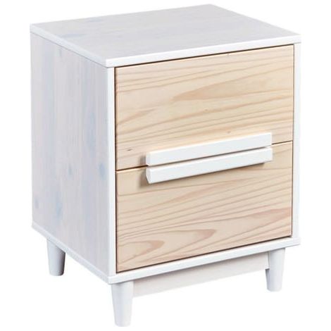 Table de chevet 2 tiroirs pin massif blanc et clair Pipou (1/5)