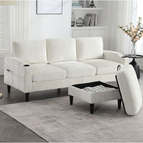 Sofá 4 plazas de chenilla beige con puff arcón, portavasos y bolsillos laterales 196,5 cm (1/5)
