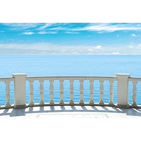 Papier Peint Intissé Balcon Sur La Mer 3 x 2,70m - Décoration Murale Effet Trompe l’Oeil - Revêtement Panoramique Océan et Horizon - Pose Facile (1/5)