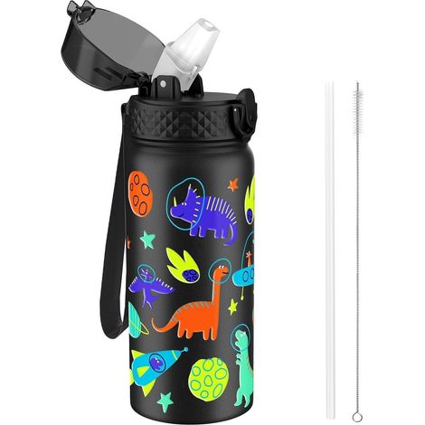 Kinder Trinkflasche Edelstahl 550ml mit Strohhalm, auslaufsicher, isoliert, BPA-frei, Dinosaurier-Design (1/5)