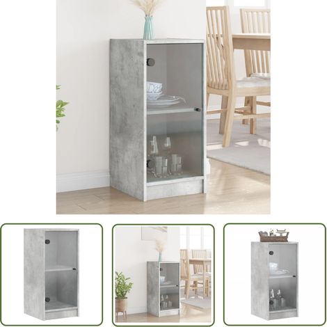 The Living Store Armoire latérale avec portes en verre gris béton 35x37x75,5 cm - Meuble De Rangement - Buffet - Armoire Laterale - Meuble Design - Armoire Vitrine (1/5)