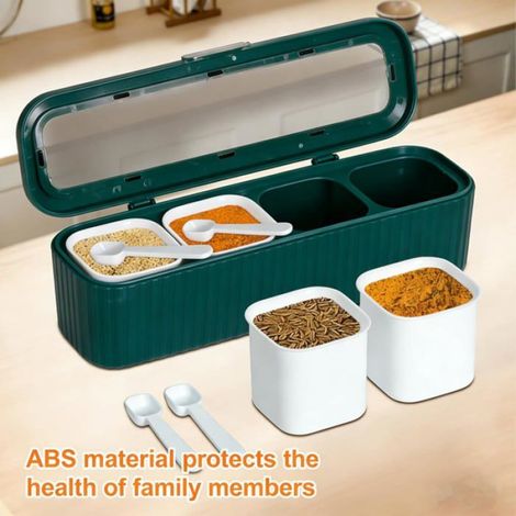 Boîte de Rangement Épices 4 Compartiments avec Cuillères - Contenant Alimentaire Étanche pour Sel Sucre Condiments Cuisine Bleu (1/5)