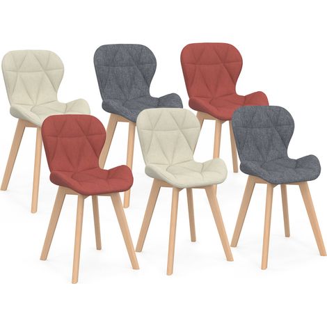Idmarket – Lot de 6 chaises en tissu mix – Coloris gris foncé, terracotta, beige – Assise large et confortable – Dossier ergonomique – Pieds en bois (1/5)