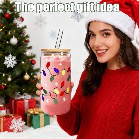 Mug en verre à couleur changeante - 500 ml - Mug de Noël - Avec couvercle et paille - 1 pièce, idéal pour le café glacé et l'eau fraîche, parfait aussi comme décoration de Noël ou cadeau. (1/5)