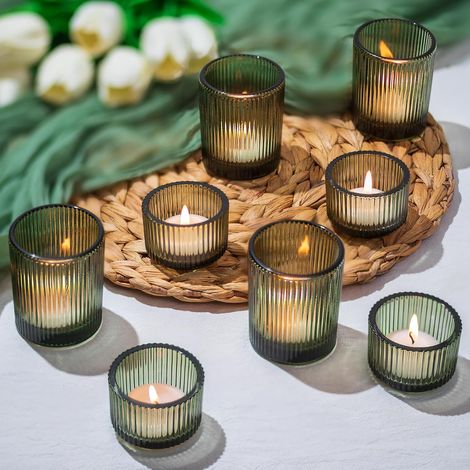 Bougeoir en Verre Vert : Lot De 8 Bougeoirs à Thé, Bougeoirs à Thé Côtelés pour Centre De Table, Petits Bougeoir à Thé pour Noël, Mariage, Décoration D'Intérieur (1/5)