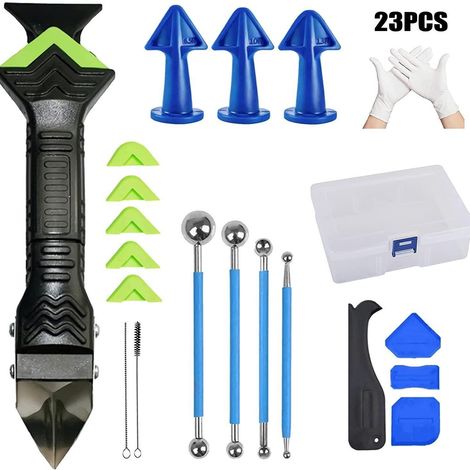 6-in-1 Fugenwerkzeug-Set mit Silikon-Glätter und Fugenkratzer, Multifunktionales Abdichtungsset für Bad und Küche, Finish-Zubehör mit Aufsätzen, Bürste und Handschuhen-lsw