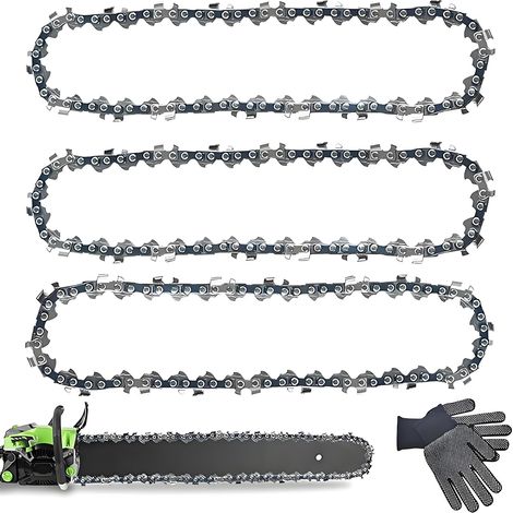 Lot de 3 chaînes de tronçonneuse 40 cm 3/8" LP, 59 maillons d'entraînement de 1,3 mm, chaîne à faible retour avec 2 gants, chaîne de tronçonneuse de rechange compatible avec 40 cm (1/5)