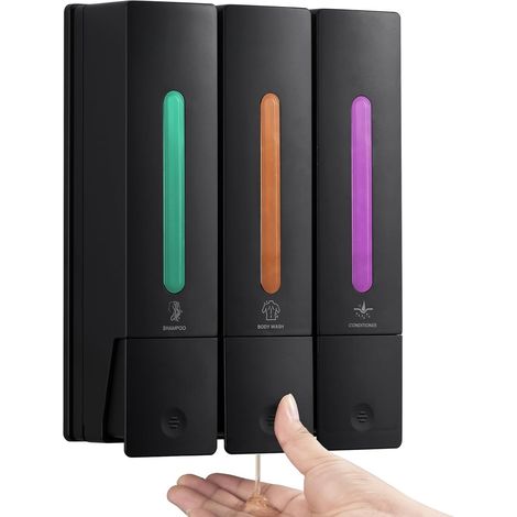 Shampoo and Conditioner Dispenser - Wall-Mounted 3-Chamber Shower Soap Dispenser, No Drilling Required, 1200ML Capacity, for Bathroom and Hotel, black