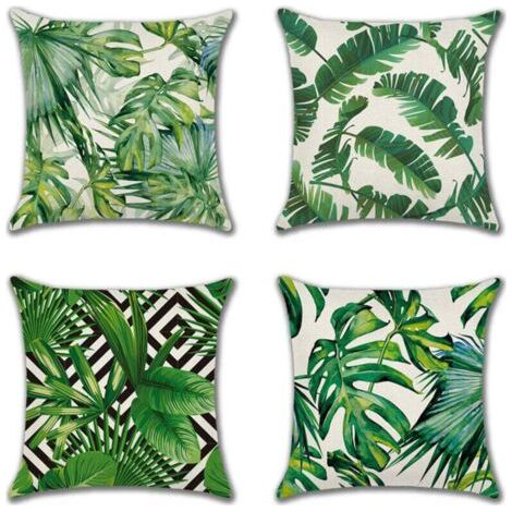 Extérieur Housse de Coussin, Lot de 4 Imperméable Plante Tropicale Verte Motif Canapé Taie d'oreiller pour Patio Jardin Salon Chambre Décoration, 45x45cm (1/4)