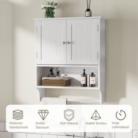 Meuble de salle de bain blanc avec porte-serviettes mural, armoire à pharmacie à 2 étagères réglables, placard suspendu pour WC, linge, cuisine et salle d'eau (1/5)