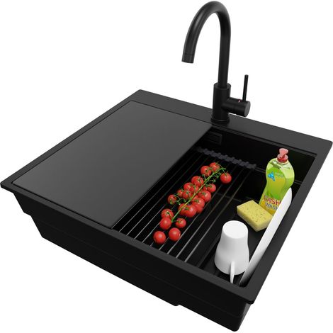 PRIMAGRAN Evier Cuisine en Granit 58x53cm,Lavabo 1 bac + Robinet 32x20cm + Kit de Vidage + Accessoires, Évier à Encastrer au meuble 60cm - Oslo Max, Tout Noir (1/5)