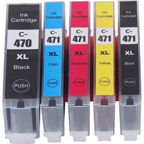 Cartouches d'encre 470-471 avec recharge pour imprimantes PIXMA MG5740, MG6840, MG7740 et TS5040, TS6040, TS8040, TS9040 (zones : Russie, Afrique, Moyen-Orient) - Lot de 5 couleurs (noir, noir, cyan, (1/5)