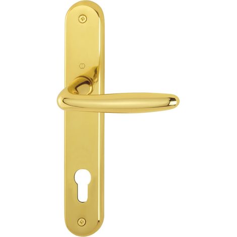 Garniture de poignée sur plaque longue - Cylindre profilé - Distance 88 mm - Pour porte de 35 à 54 mm - Laiton poli (1/3)