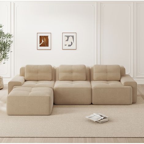REDOM - Sofá modular esquinero 3 plazas, confort efecto nube, asiento profundo, sin montaje, tejido de pana beige (1/5)