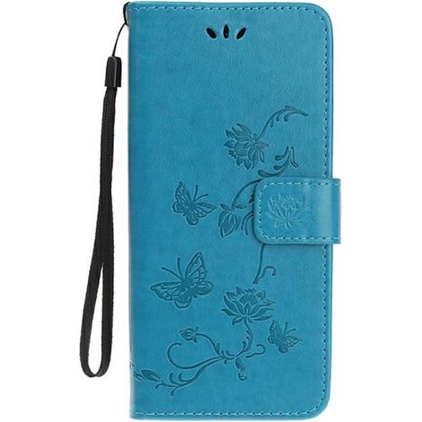 Étui portefeuille pour Samsung Galaxy A80 - Motif fleurs et papillon - Bleu - Coque avec rangement cartes (1/2)