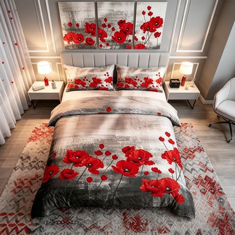 Parure de lit avec housse de couette en microfibre, motif de coquelicots aquarellés, pour femmes et filles adultes, romantique, motif botanique, nature, couvre-lit, gris, rouge (1/5)
