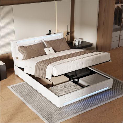 Lit coffre 160x200 avec sommier,lit double avec LED et USB,lit capitonné,Tête de lit réglable,sommier à lattes,Adulte/Ado,Lin Beige (1/5)