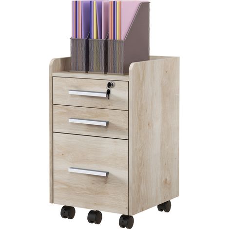 Caisson de bureau rangement bureau sur roulettes 3 tiroirs 1 verrouillable 1 trieur dossiers en bois beige (1/5)
