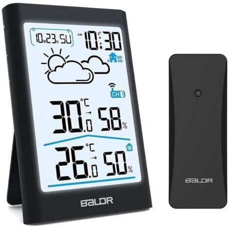 Station météo sans Fil, Thermomètre Hygromètre Baromètre Intérieure Extérieure Horloge Numérique Alarme et Affichage Heure Date Jour Noir (1/4)