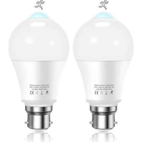 Ampoule Detecteur de Mouvement B22 Baïonnette LED, 12W, 1020lm, Blanc Froid 6000 K, CIR 85, étanches IP42 à économie d'énergie, non dimmable, Ampoule à Détecteur de Mouvement(2 pièces)