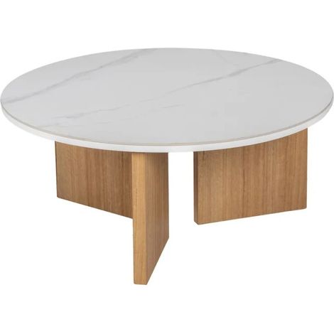 Table basse ronde 80 cm plateau céramique blanc effet marbre URBAN (1/5)